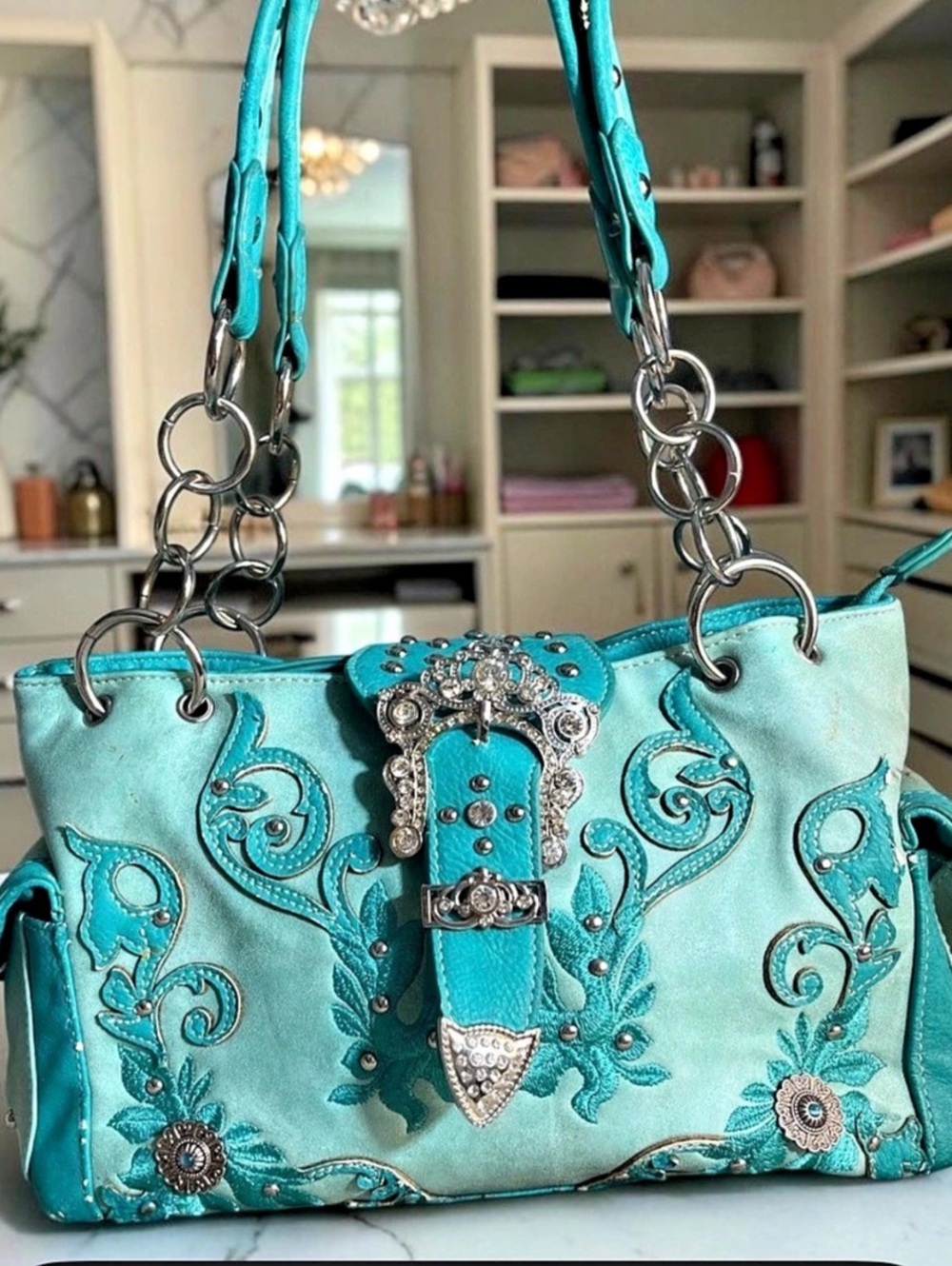 Montana West Embellished Floral Shoulder Bag in Blue